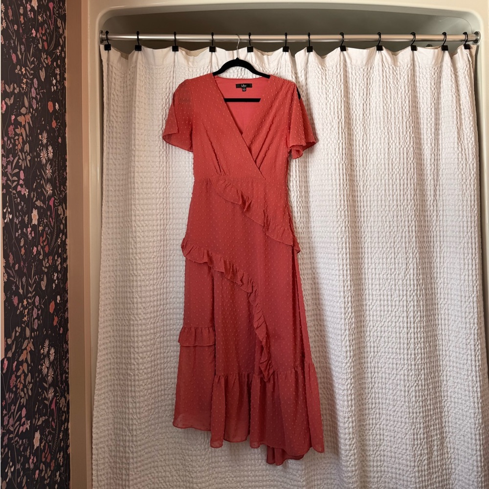 Pink ruffle tiered wedding guest dress